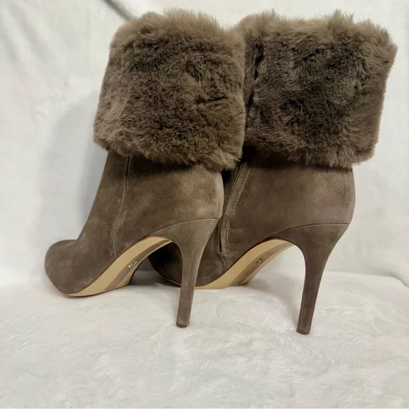 NIB Sam Edelman Oleana Suede Faux Fur Trim Stiletto Booties Flint Grey - Picture 2 of 13